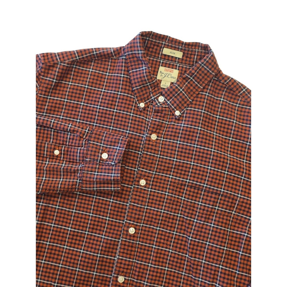 J.Crew Oxford Shirt Men's Large Slim Orange Navy Plaid Button Down Cotton L
